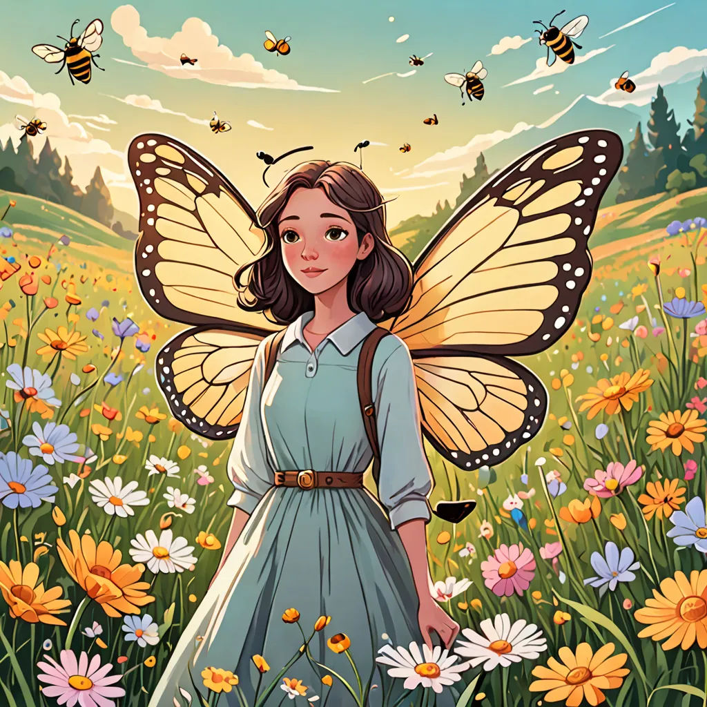 a girl in a field of flowers with a butterfly on her shoulder and a butterfly on her shoulder, with a sky background, fantasy art, a storybook illustration, Elinor Proby Adams, comic cover art