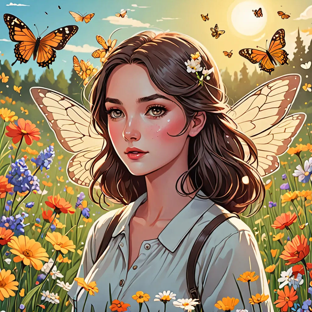 a girl with a butterfly on her head in a field of flowers and butterflies in the sky above her, fantasy art, a detailed painting, Artgerm, rossdraws global illumination
