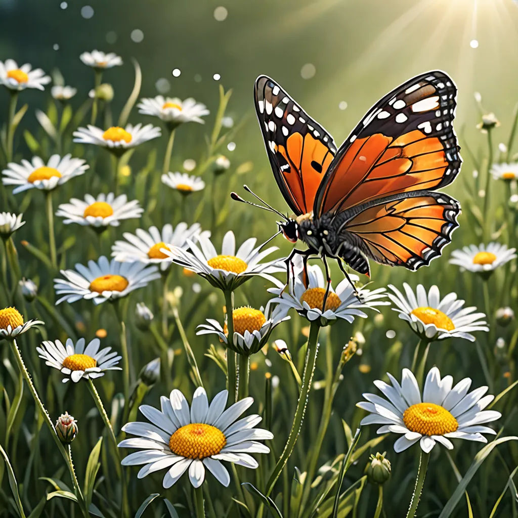 a butterfly sitting on a flower in a field of daisies and daisies with the sun shining through the background, naturalism, a digital rendering, Cindy Wright, nature