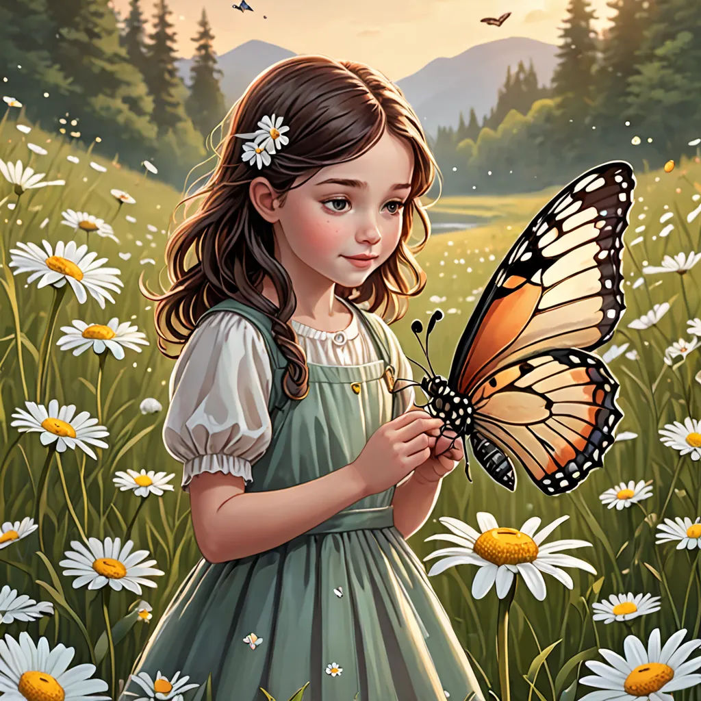 a little girl in a field of daisies holding a butterfly in her hand and looking at the camera, fantasy art, a storybook illustration, Anne Stokes, highly detailed digital painting