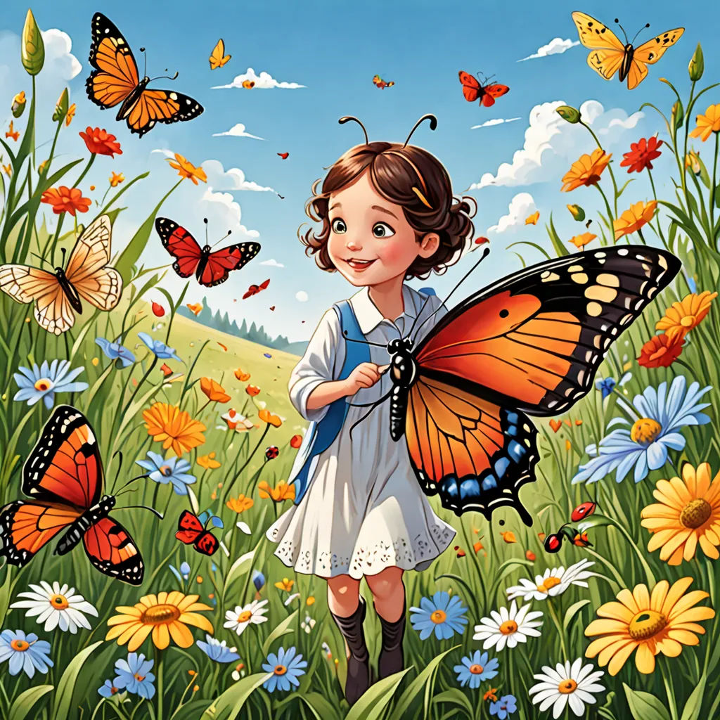 a little girl with a butterfly on her shoulder in a field of flowers and butterflies with a blue sky in the background, magic realism, a storybook illustration, David Paton, storybook illustration