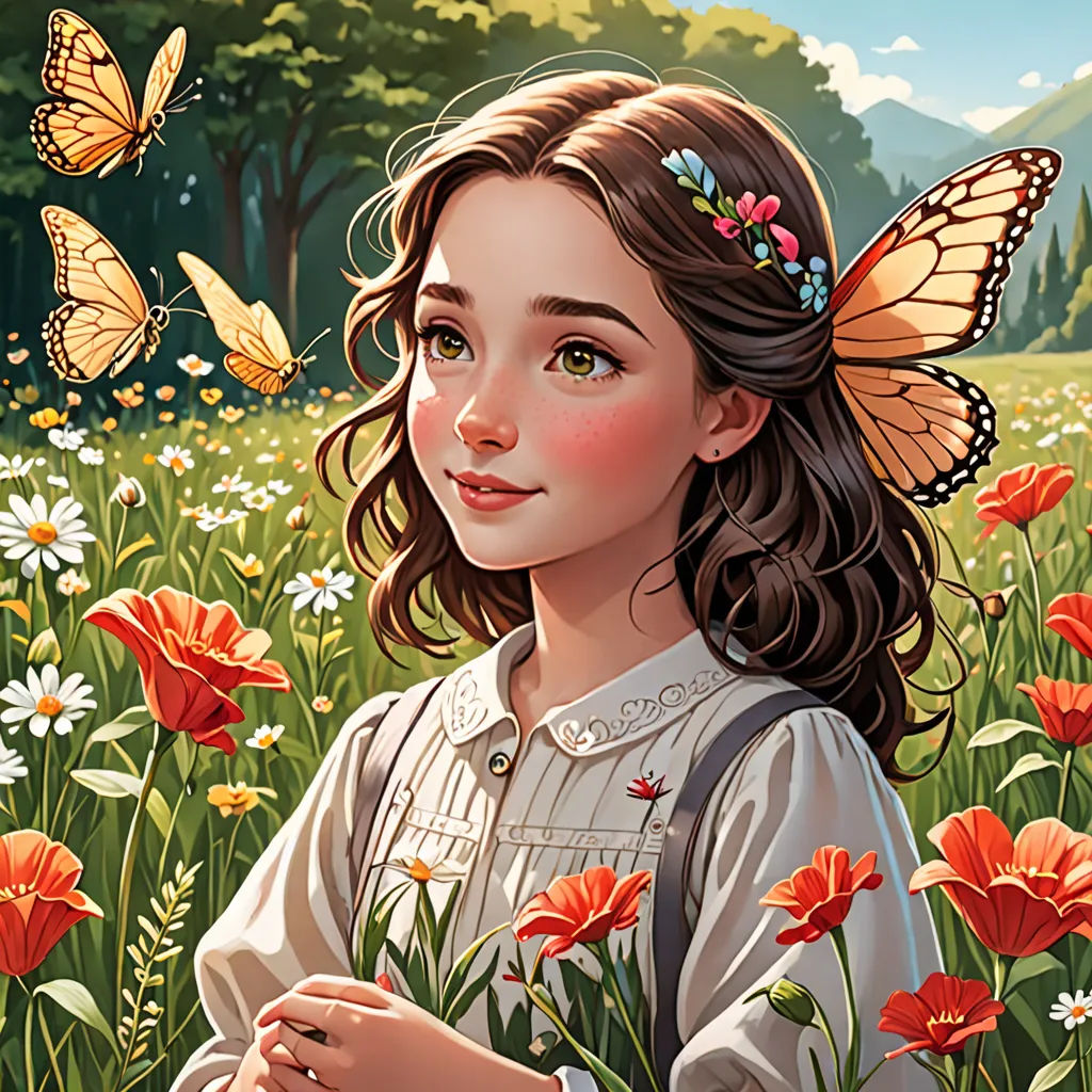 a girl with a butterfly on her head standing in a field of flowers with butterflies flying overhead and a forest in the background, fantasy art, a storybook illustration, Anne Stokes, highly detailed digital painting