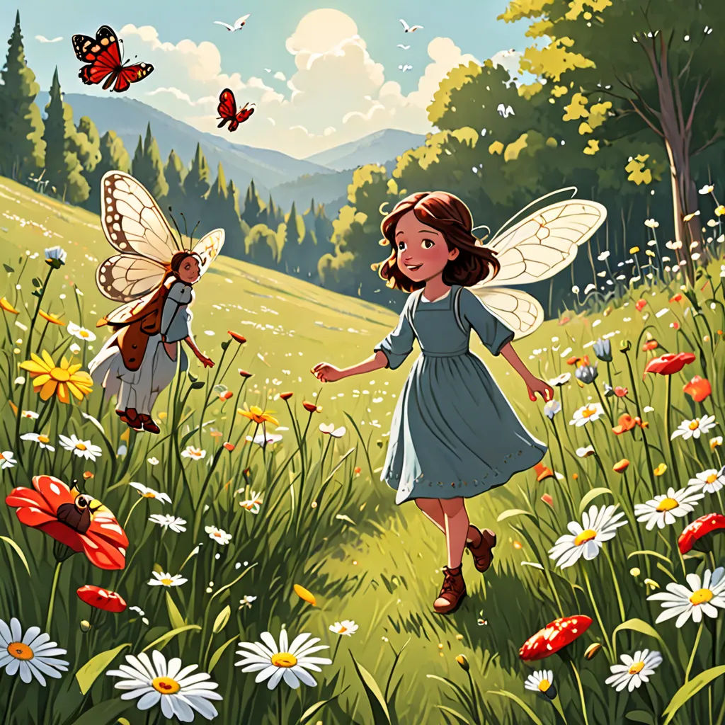 two little girls are walking through a field of flowers and butterflies with a violin in hand and a butterfly in the air, fantasy art, a storybook illustration, Cliff Childs, storybook illustration