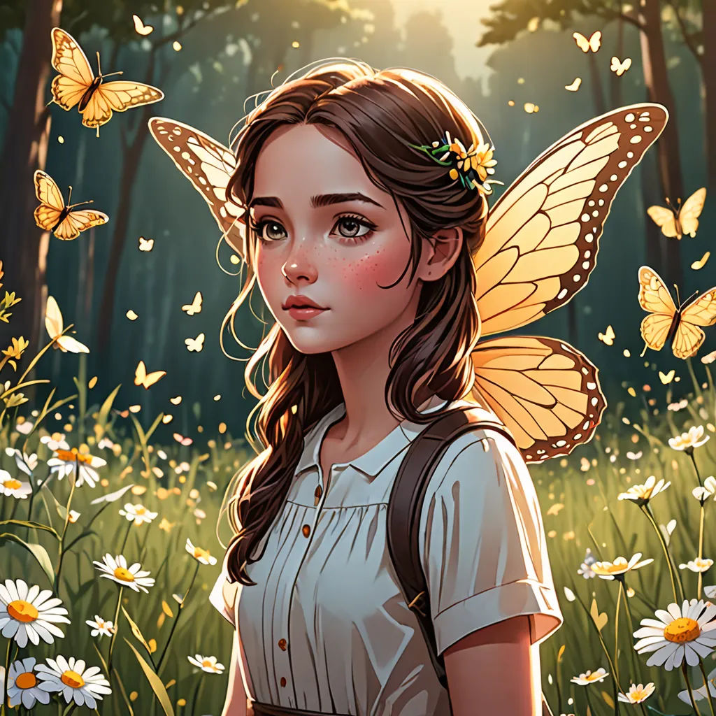 a girl with a butterfly on her head standing in a field of daisies and daisies with butterflies around her, fantasy art, a storybook illustration, Anna Dittmann, rossdraws global illumination