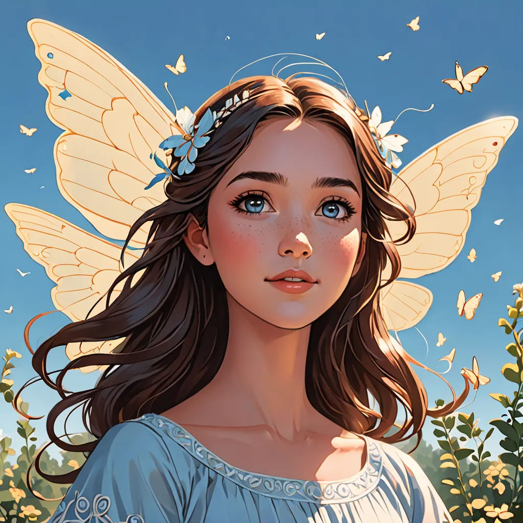 a painting of a girl with a butterfly on her head and a butterfly in her hair, with a blue sky background, fantasy art, a detailed painting, Artgerm, rossdraws global illumination