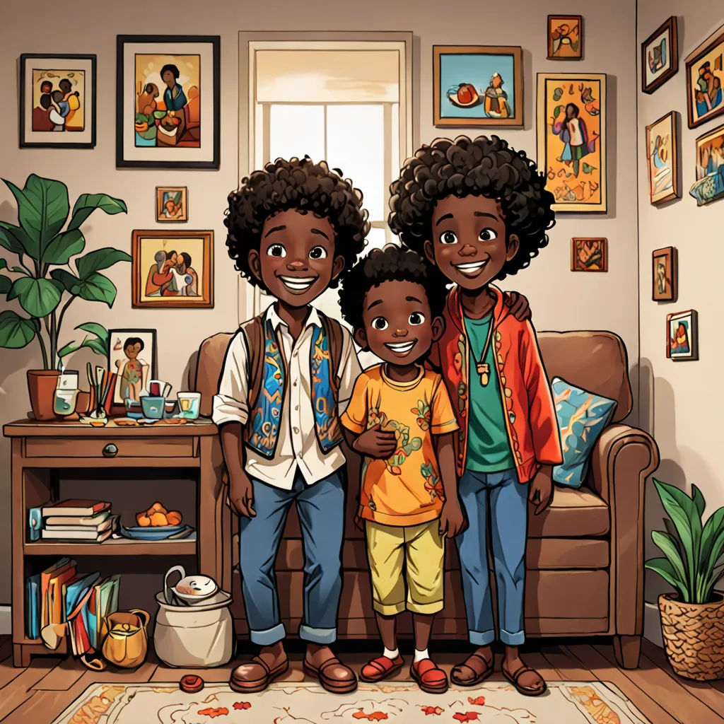 a family standing in a living room with a rug on the floor and a painting on the wall behind them, lyco art, a storybook illustration, Cedric Seaut (Keos Masons), comic cover art