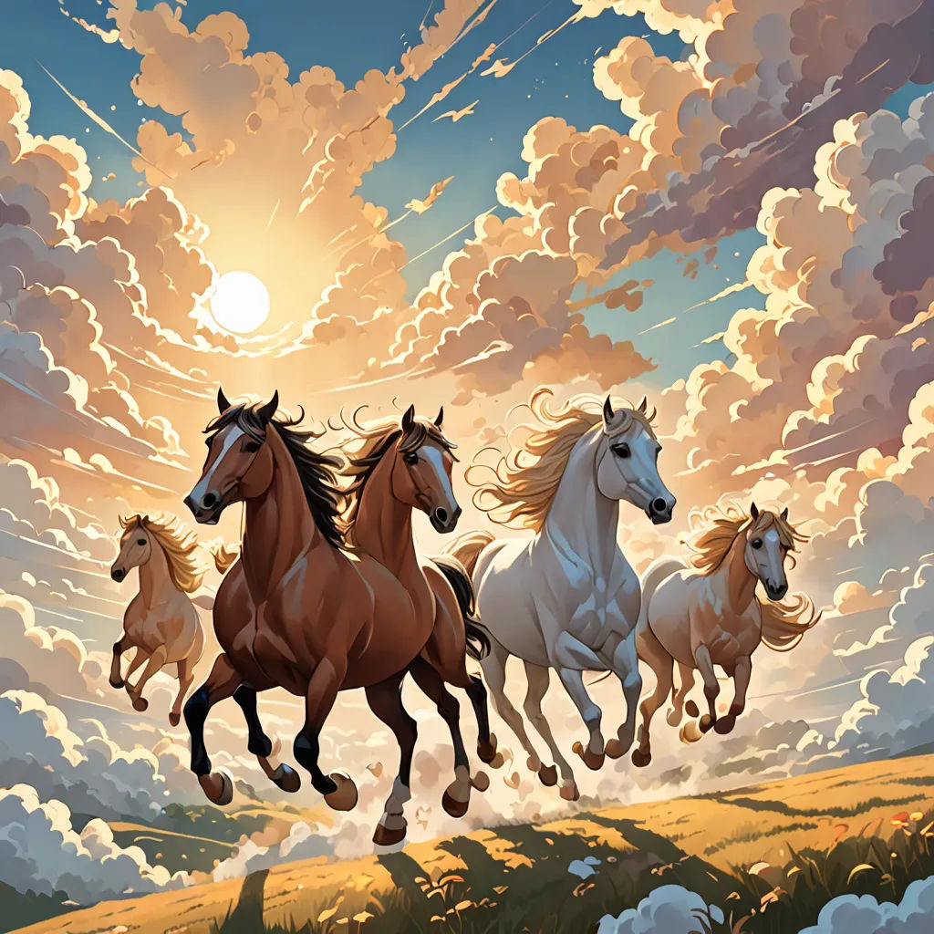 a group of horses running across a field under a cloudy sky with the sun behind them and behind them is a field with grass and flowers, fantasy art, an airbrush painting, Christophe Vacher, highly detailed digital painting