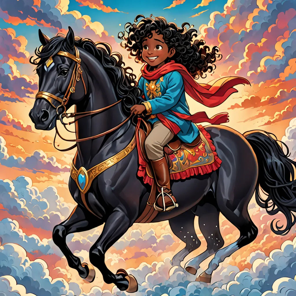 a black woman riding a horse in the sky with clouds behind her and a red cape on her head, fantasy art, a storybook illustration, Cliff Childs, comic cover art