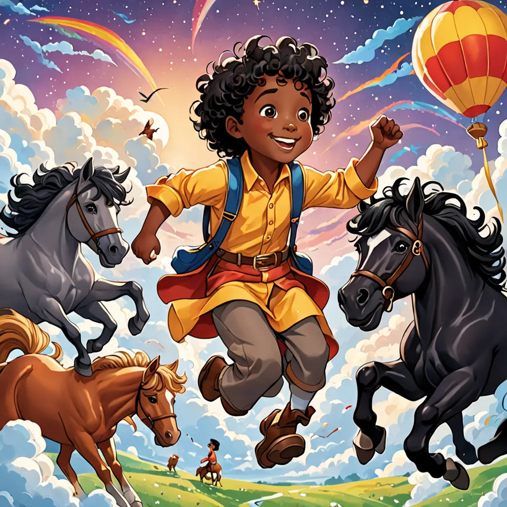 a young boy is flying with horses and a hot air balloon in the sky above him and a bunch of other horses, fantasy art, a storybook illustration, Cliff Childs, comic cover art