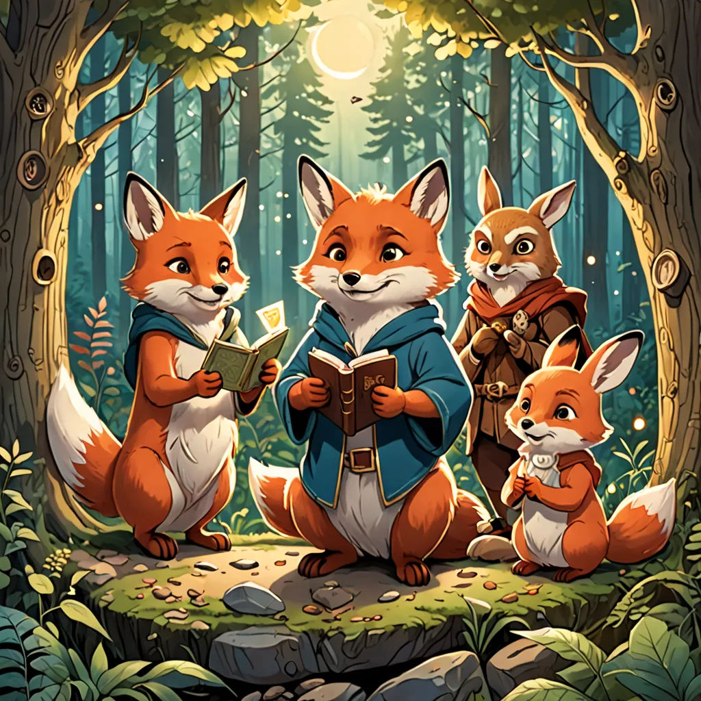 a group of foxes standing in the woods reading a book together, with a full moon in the background, furry art, a storybook illustration, Dan Mumford, official art