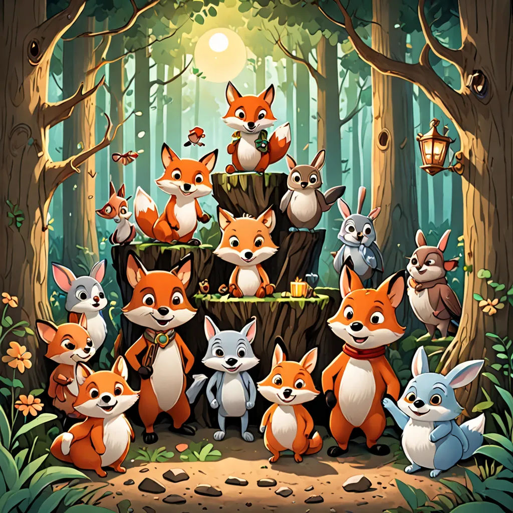 a group of foxes standing around a tree stump in the forest with a lantern in the background and a forest scene with a full moon, furry art, a storybook illustration, Dan Mumford, official art