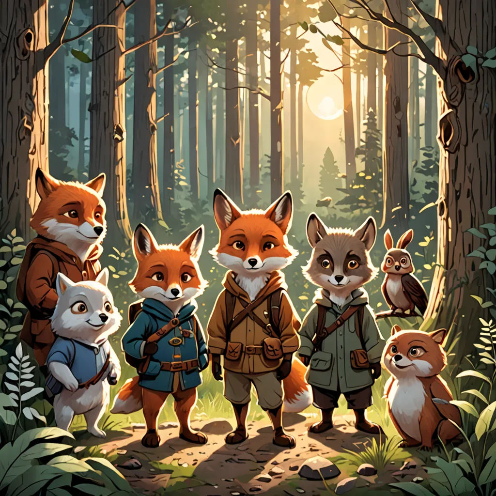 a group of foxes standing in the woods together with a forest background and sun shining through the trees behind them, furry art, a storybook illustration, Dan Mumford, official art