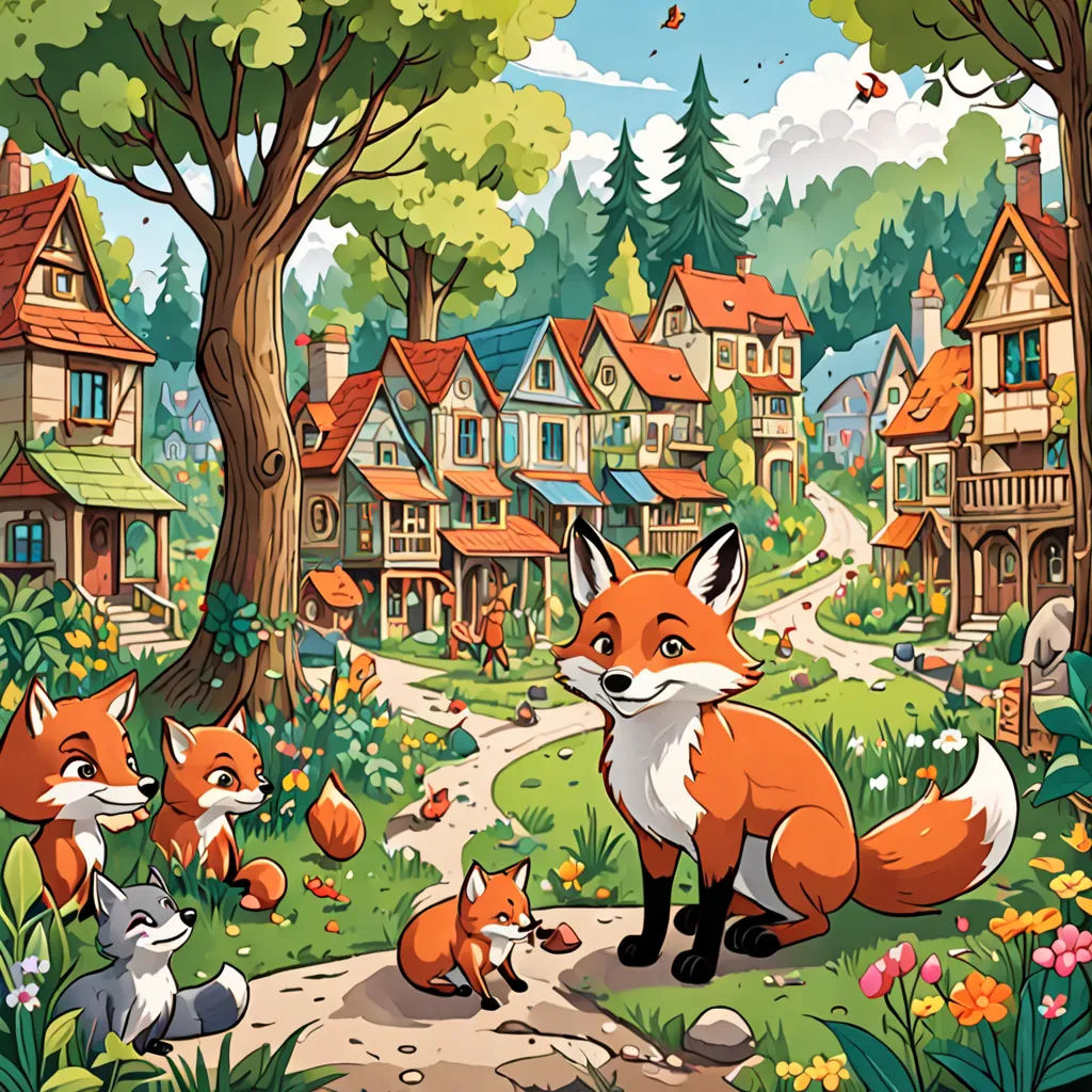 a painting of a fox and her cubs in a forest with houses and trees in the background, with a path leading to them, furry art, a storybook illustration, Dan Mumford, storybook illustration