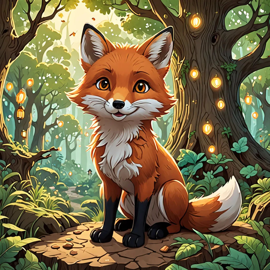 a fox sitting in the middle of a forest with lights on its back and eyes open, looking at the camera, fantasy art, a storybook illustration, Dan Mumford, official art