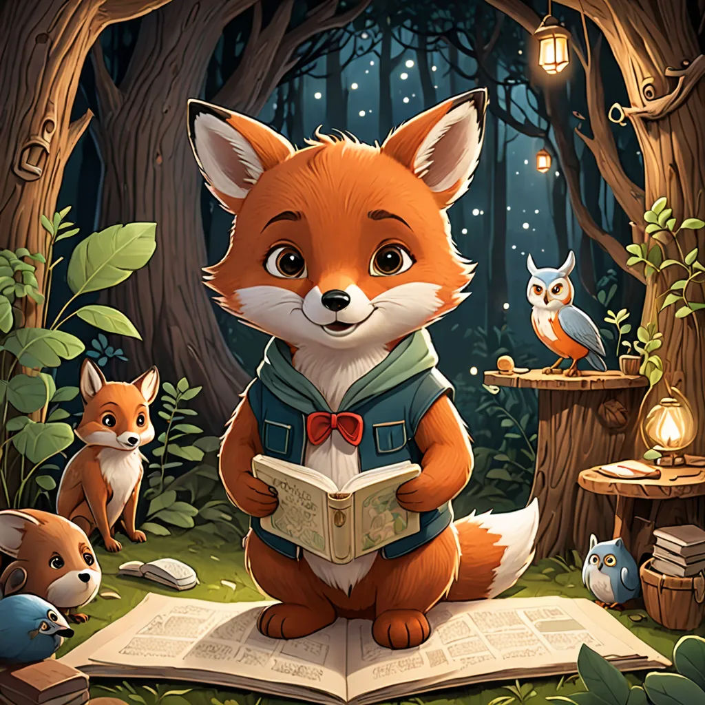 a fox is reading a book in the woods with other animals around him and a lantern is on the tree, furry art, a storybook illustration, Dan Mumford, storybook illustration