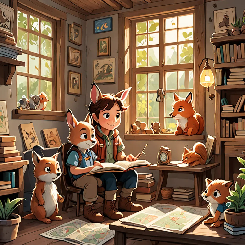 a girl sitting in a chair with a book and a fox on the floor in front of her and a dog on the floor, furry art, a storybook illustration, Cliff Childs, rossdraws global illumination