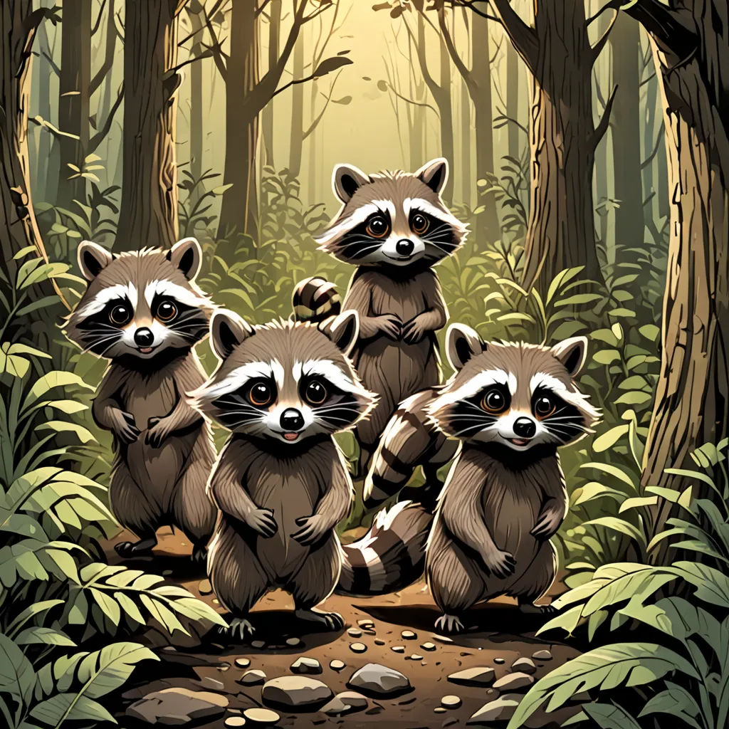 a group of raccoons standing in a forest with rocks and trees around them, with a sun shining through the trees, furry art, a storybook illustration, Dan Mumford, official art