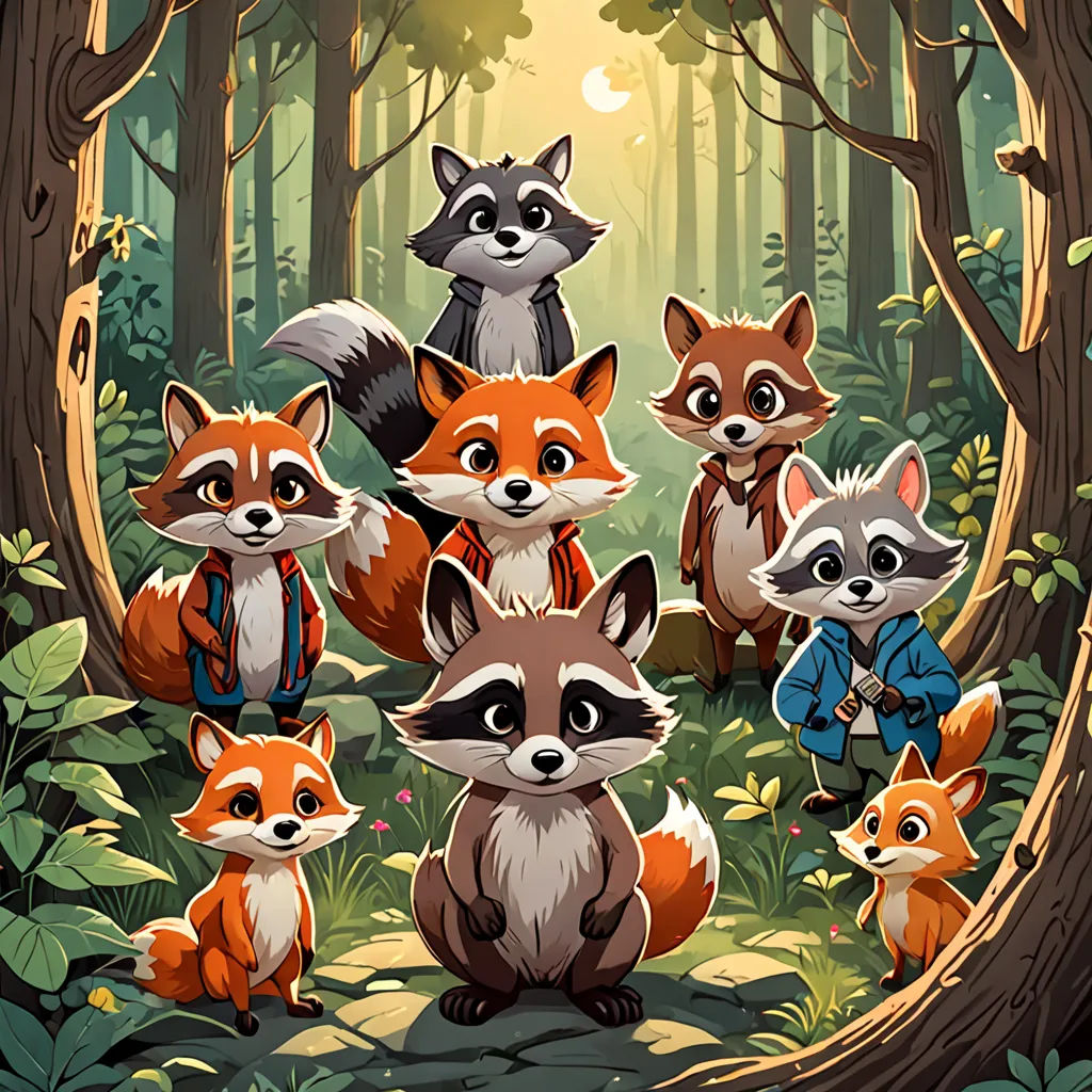 a group of foxes in a forest with a man in a suit and tie standing in front of them, sots art, a storybook illustration, Dan Mumford, key art