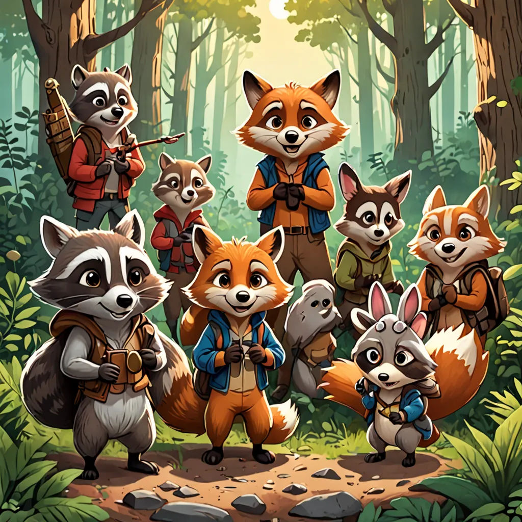 a group of raccoons standing in the woods with a hunter on their back and a gun in their hand, sots art, a storybook illustration, Dan Mumford, key art