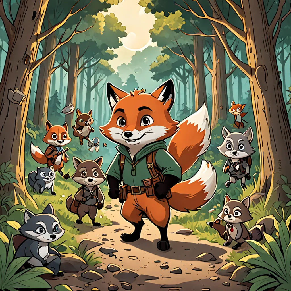 a cartoon of a fox with a bunch of other animals in the background, and a forest with trees, sots art, a storybook illustration, Dan Mumford, key art