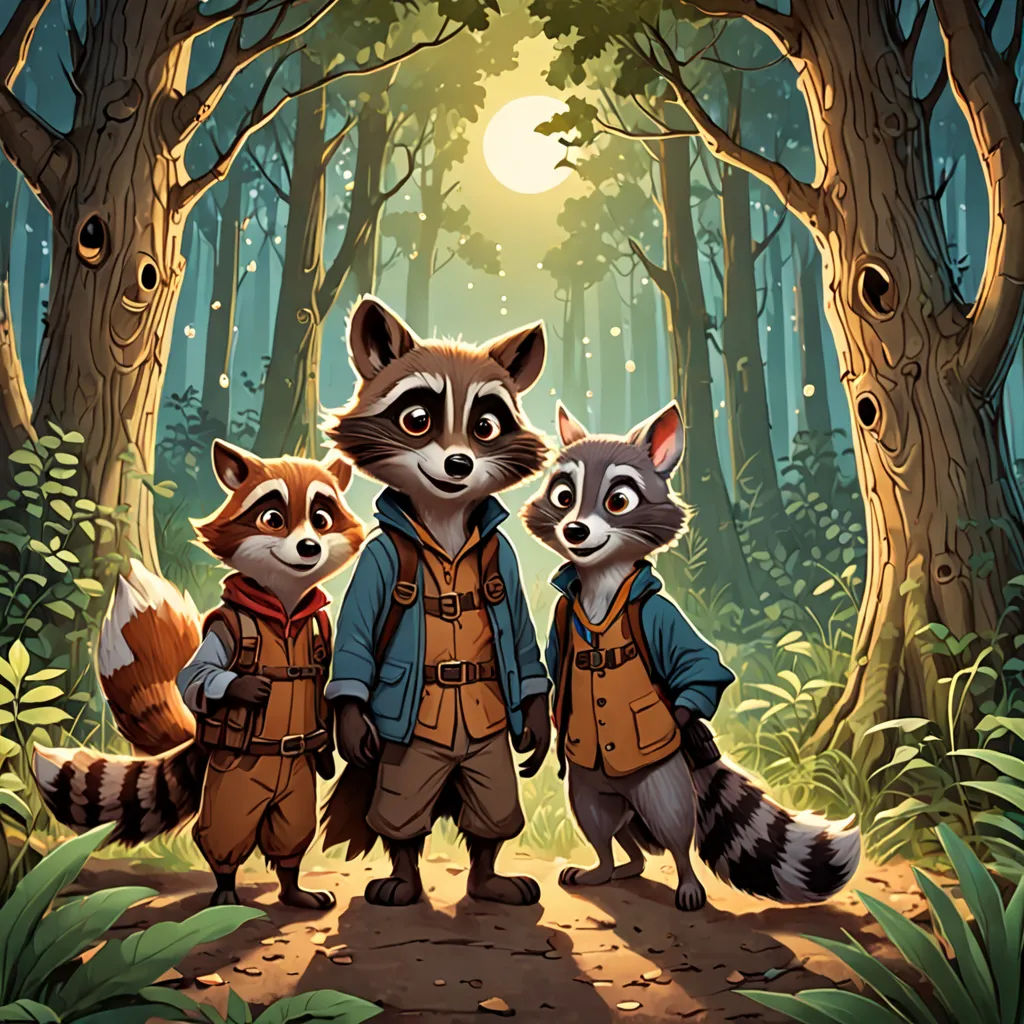 three raccoons are standing in the woods together, with a full moon in the background and a forest scene, furry art, concept art, Dan Mumford, official art