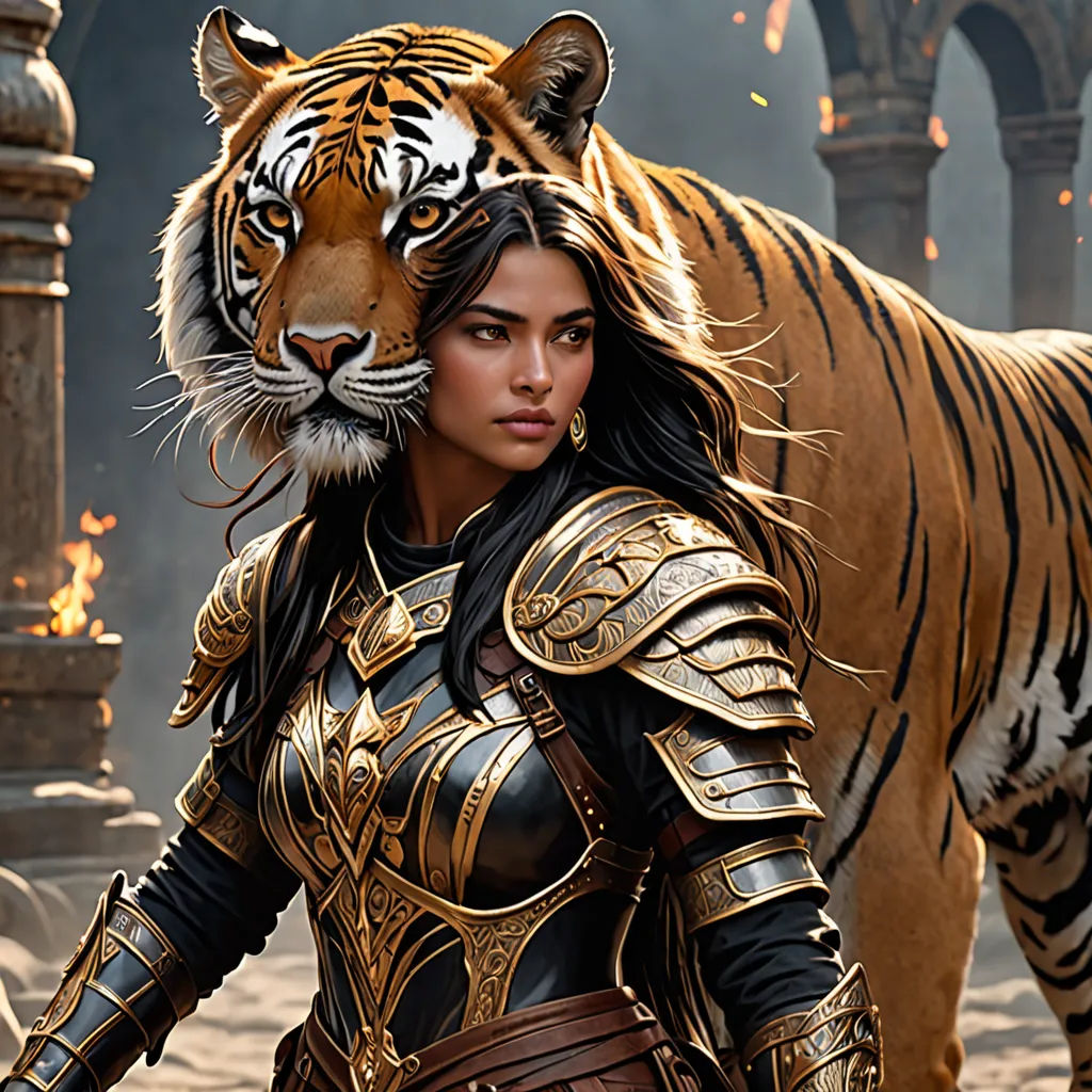 a woman in a tiger costume is walking with a tiger behind her on a stone path with a tiger, fantasy art, concept art, Aleksi Briclot, magic the gathering artwork