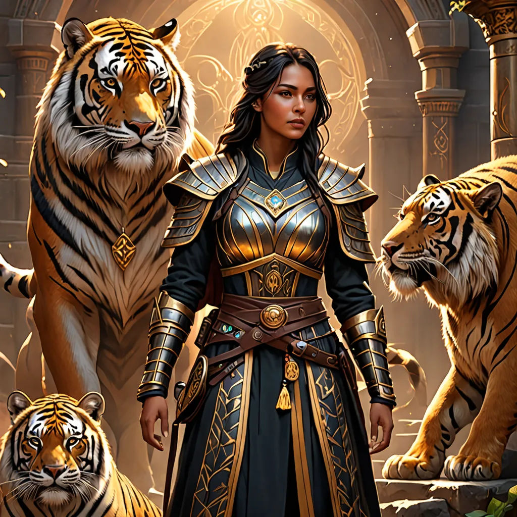 a woman in a armor standing next to two tigers and a tiger in a cave with a doorway in the background, fantasy art, a character portrait, Chris Rallis, magic the gathering artwork