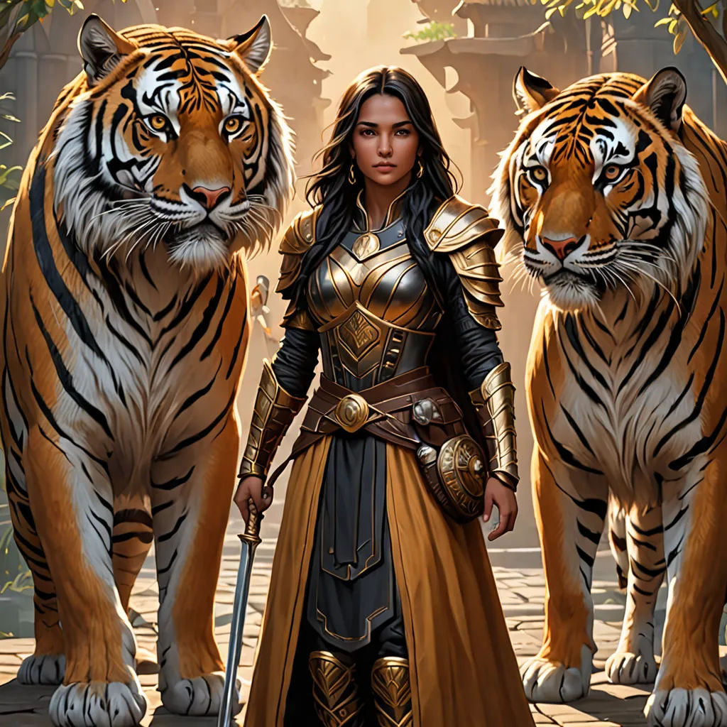 a woman in a gold dress standing next to two tigers and a tiger in a forest with trees and bushes, fantasy art, concept art, Chris Rallis, magic the gathering artwork
