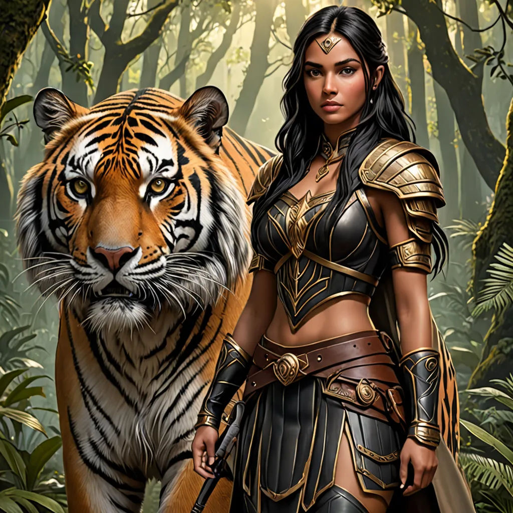 a woman in a tiger costume standing next to a tiger in a forest with trees and bushes behind her, fantasy art, a character portrait, Anne Stokes, epic fantasy character art