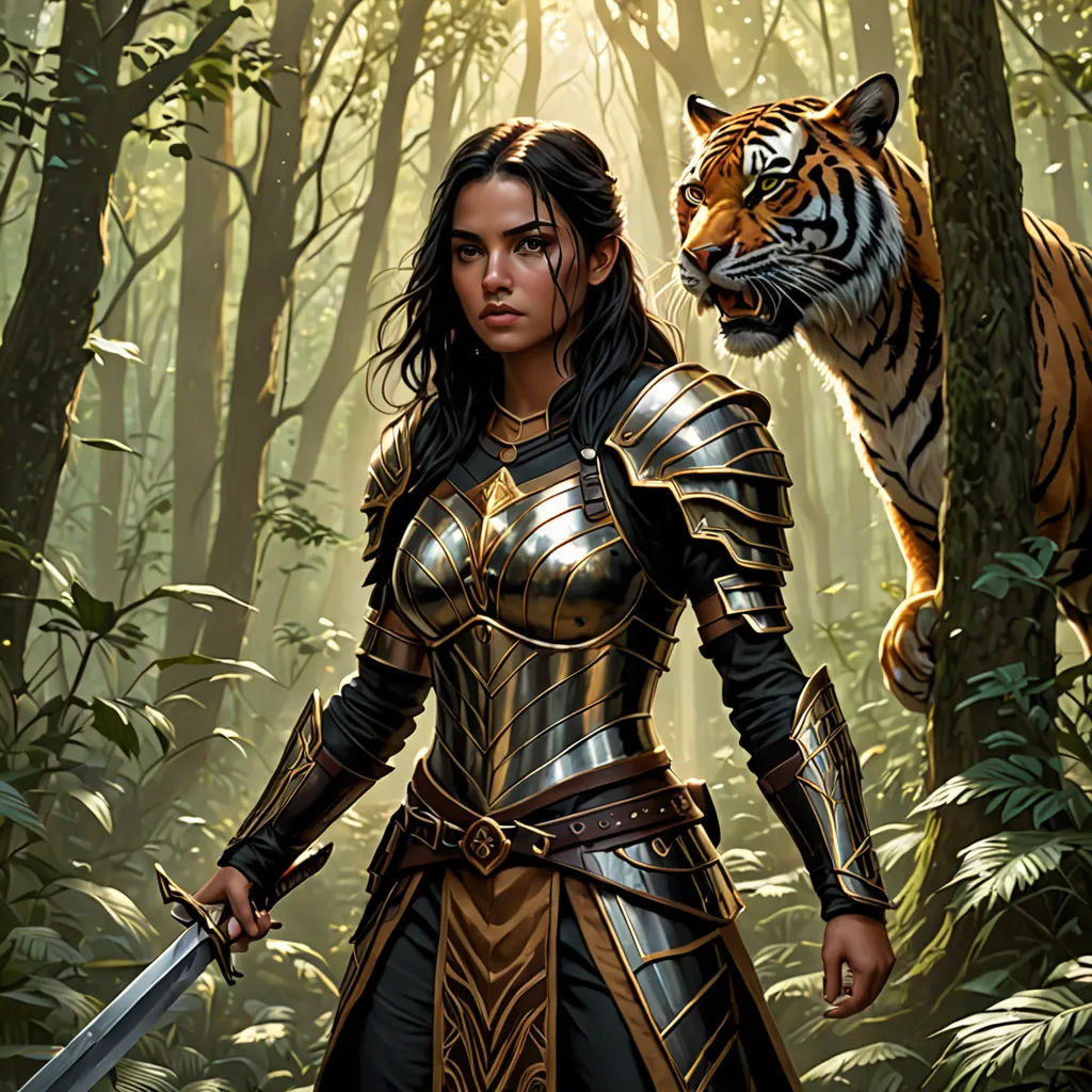 a woman in a tiger costume holding a sword in a forest with a tiger on her shoulder and a tiger on her shoulder, fantasy art, a character portrait, Chris Rallis, magic the gathering artwork