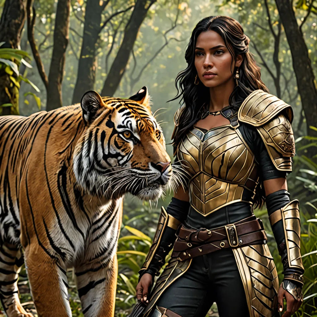 a woman in a tiger costume standing next to a tiger in the woods with trees in the background and a tiger in the foreground, samikshavad, concept art, Aleksi Briclot, promotional image