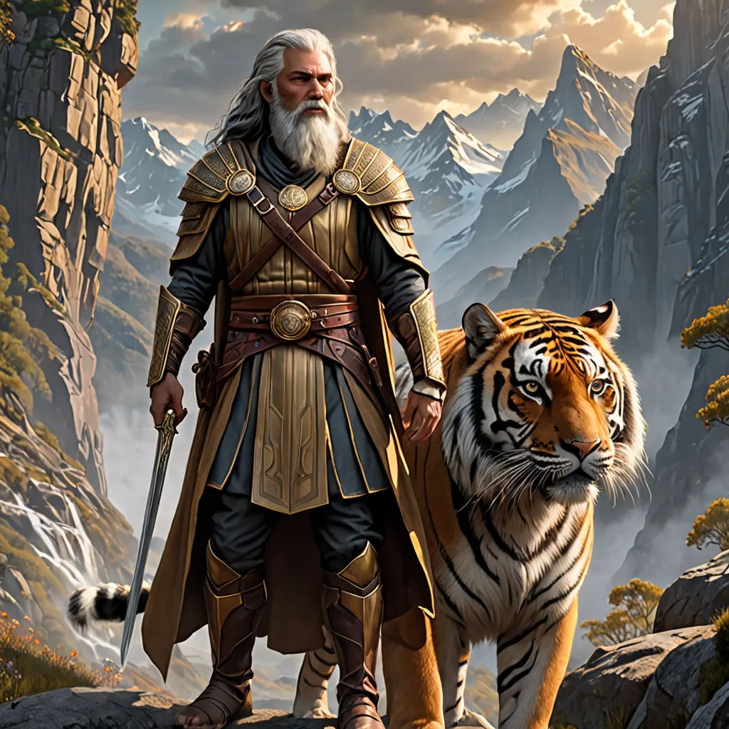 a man in a tiger costume standing next to a tiger on a mountain side with a mountain range in the background, fantasy art, a character portrait, Clint Cearley, epic fantasy character art
