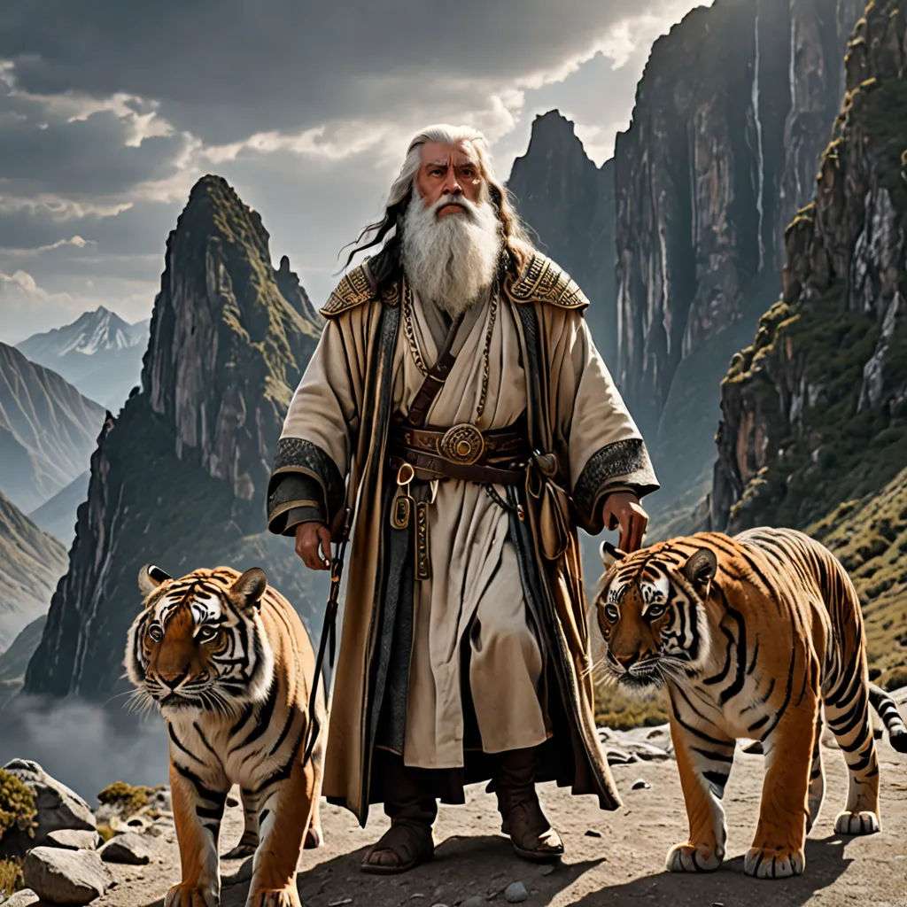 a man with a beard and a white beard standing next to two tigers in a mountain range with a mountain range in the background, primitivism, a detailed matte painting, Andrei Rublev, weta digital