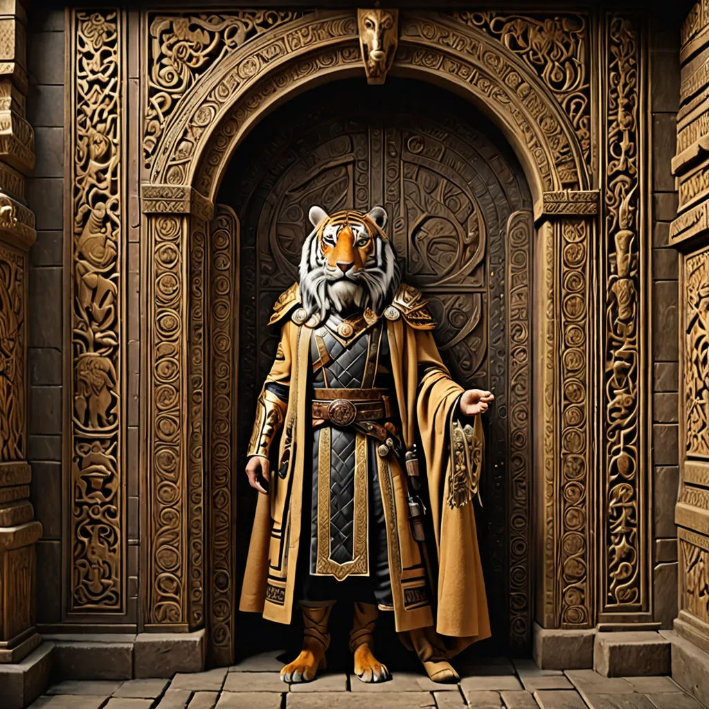 a man dressed in a tiger costume standing in front of a doorway with a tiger mask on his face, furry art, a character portrait, Chris LaBrooy, regal