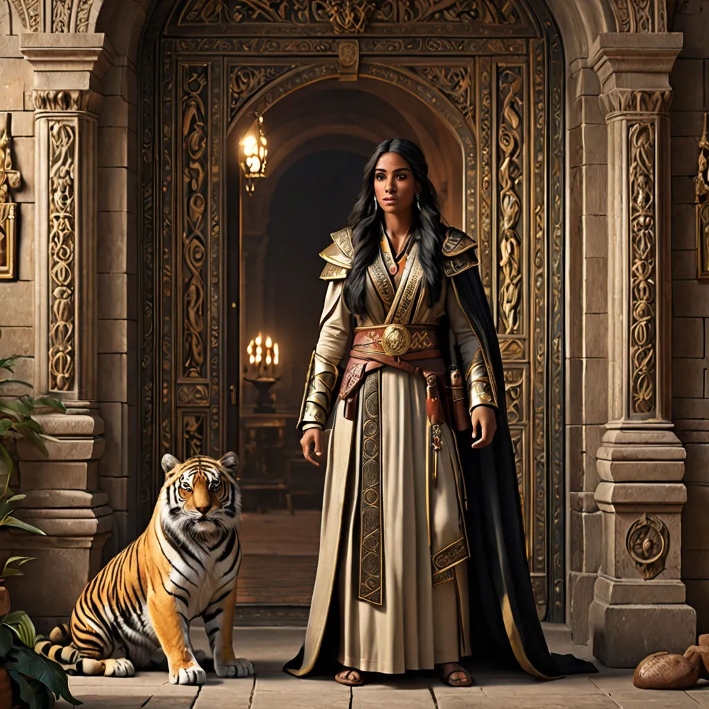 a woman in a long dress standing next to a tiger in a doorway with a light on it's side, fantasy art, concept art, Clint Cearley, epic fantasy character art