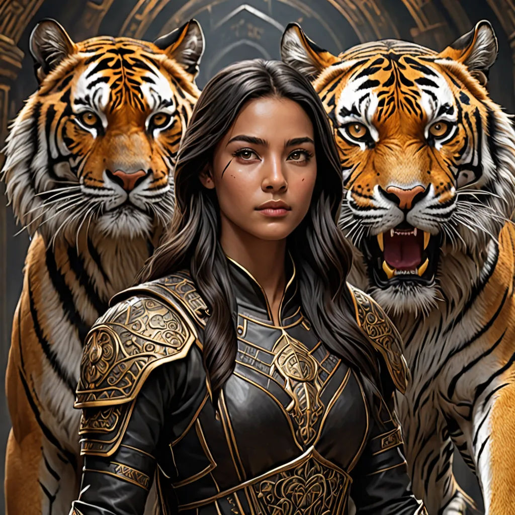 a woman in a black dress with two tigers behind her and a tiger behind her, with a black background, fantasy art, a character portrait, Chris Rallis, epic fantasy character art
