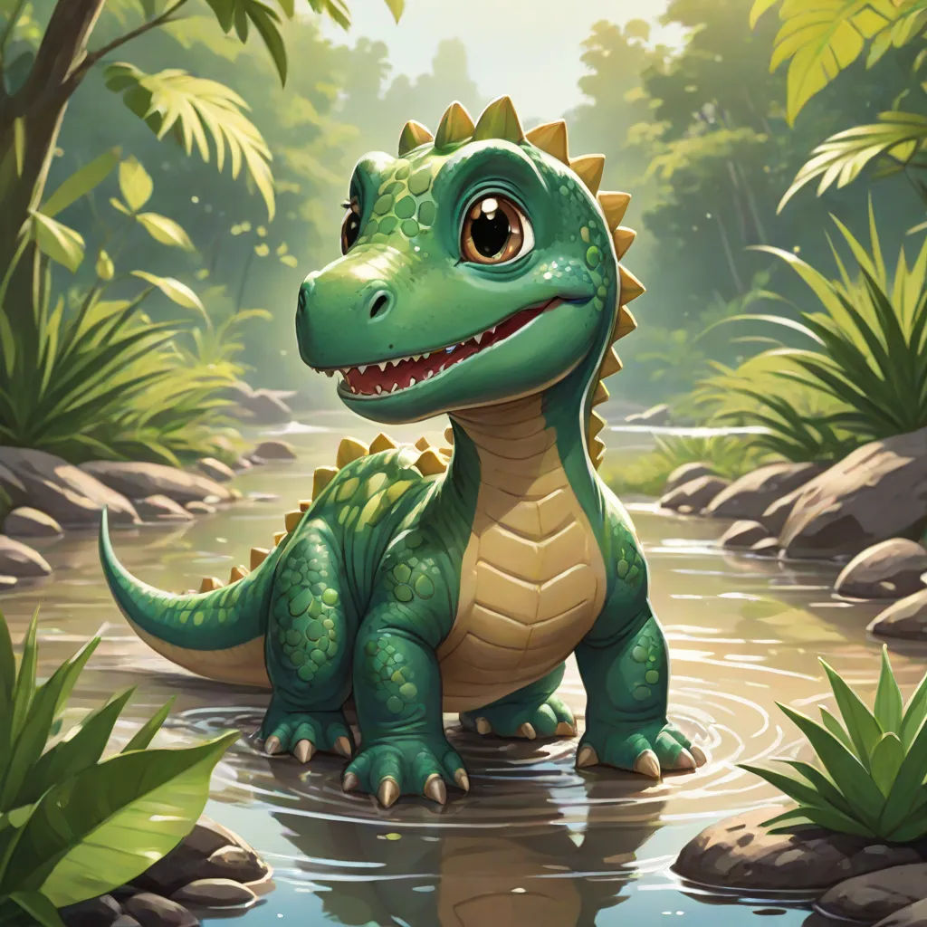 a cartoon dinosaur is sitting in the water and smiling for the camera while standing in the water with his head turned to the side, sots art, concept art, Adam Rex, magic the gathering artwork