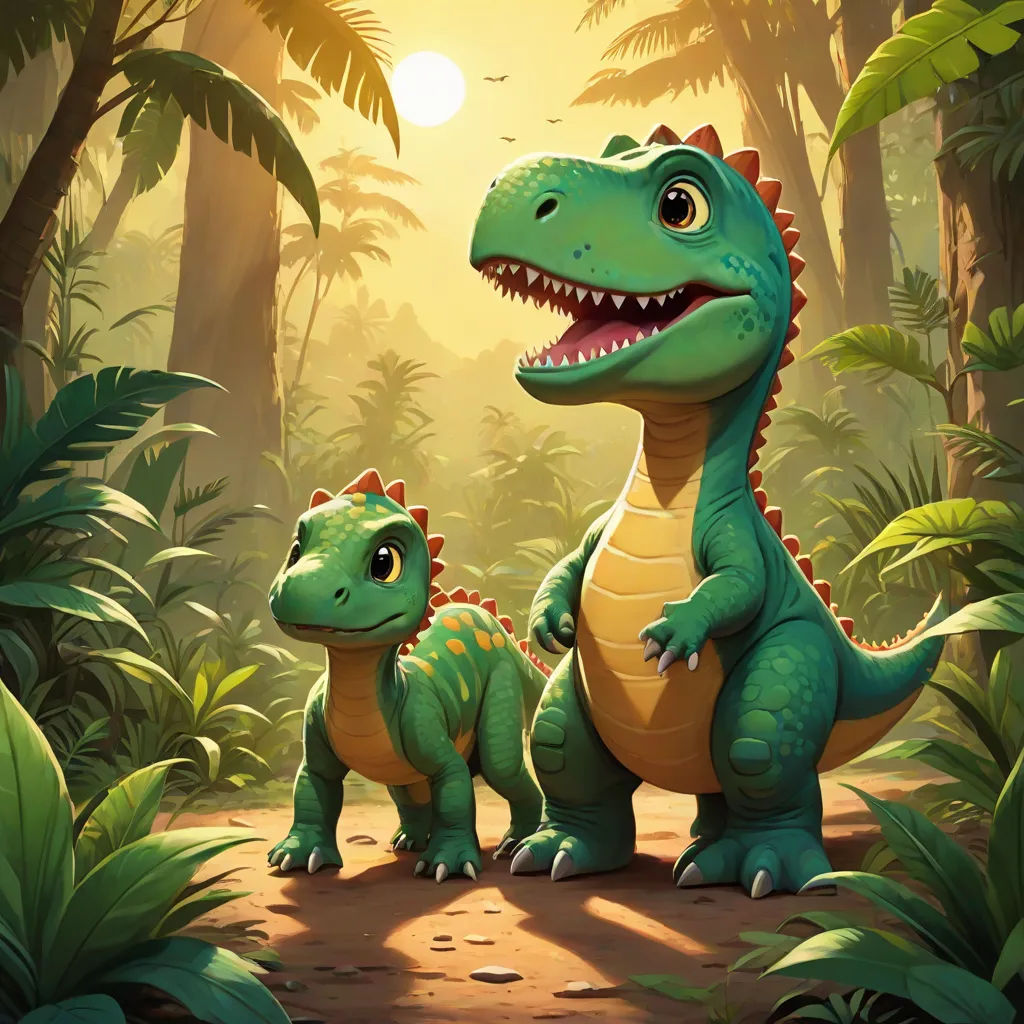 a couple of dinosaurs standing in the middle of a forest with trees and plants behind them, with the sun shining through the trees, sots art, concept art, Adam Rex, rossdraws global illumination