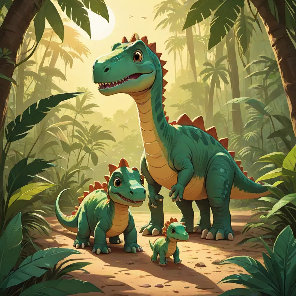 a couple of dinosaurs standing in the middle of a forest of trees and plants with a baby dinosaur standing next to them, sots art, concept art, Chris LaBrooy, rossdraws global illumination