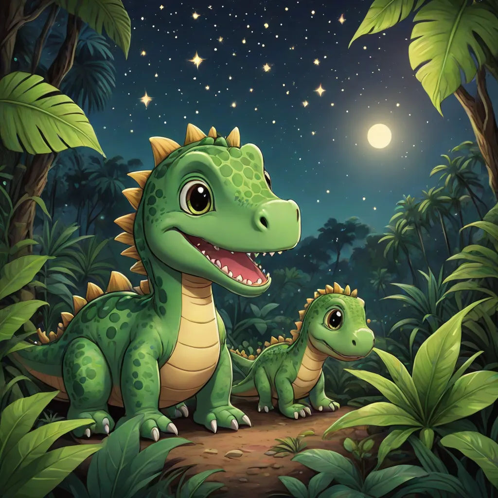 a mother dinosaur and her baby in the forest at night illustration for children illustration for children book illustration for children, space art, a storybook illustration, Adam Rex, storybook illustration