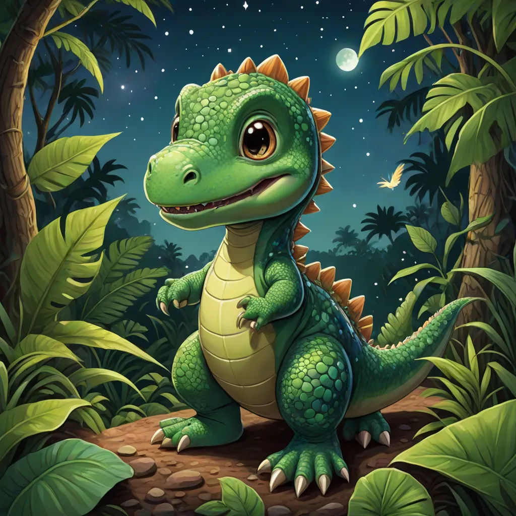 a green dinosaur sitting in the middle of a forest at night with a full moon in the background and stars in the sky, fantasy art, a storybook illustration, Adam Rex, magic the gathering artwork