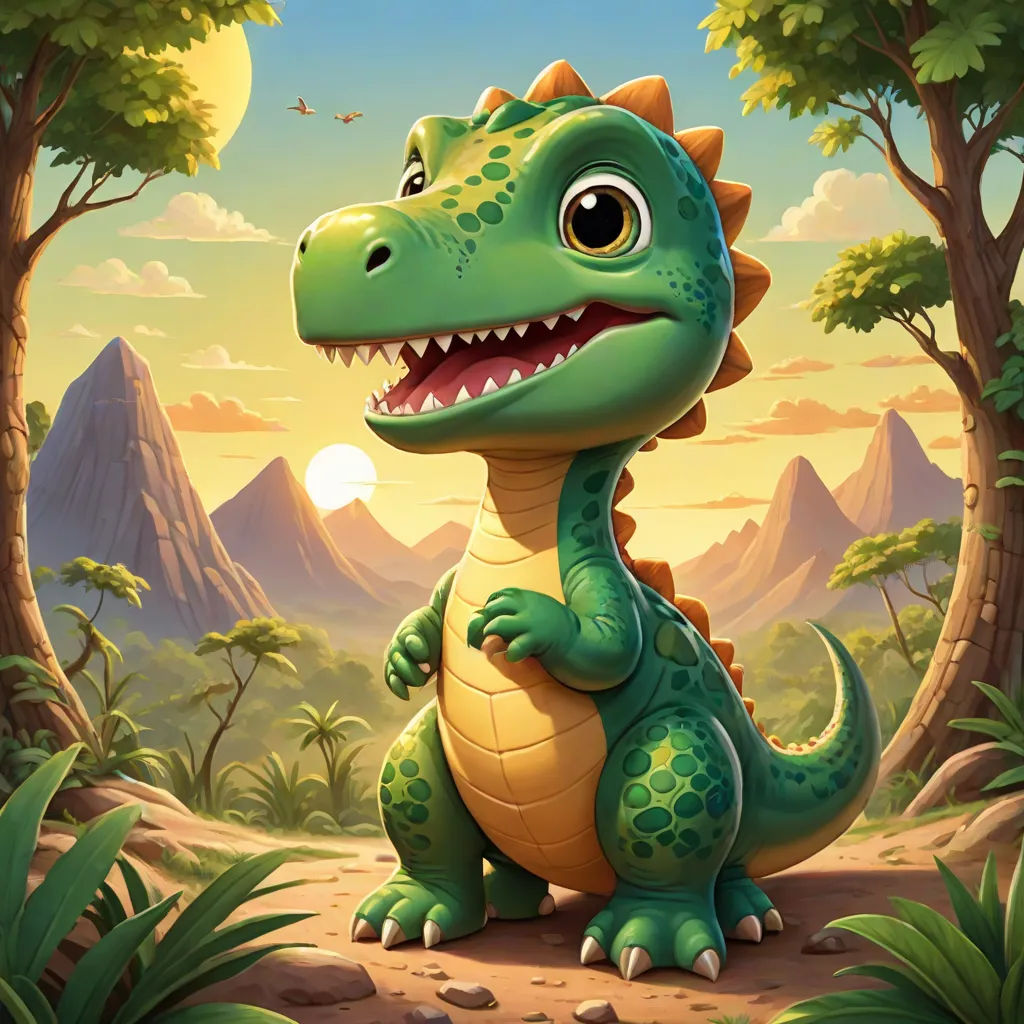 a cartoon dinosaur with a big smile on his face and a mountain background with trees and bushes in the foreground, sots art, concept art, Adam Rex, rossdraws global illumination