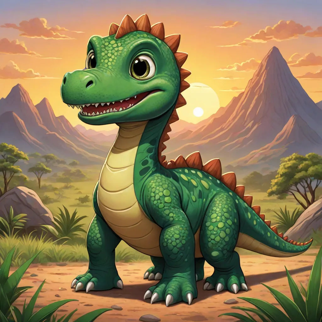 a cartoon dinosaur with a mountain background and a sunset in the background with a sun setting behind it and a mountain range in the background, sots art, a character portrait, Adam Rex, 2 d game art