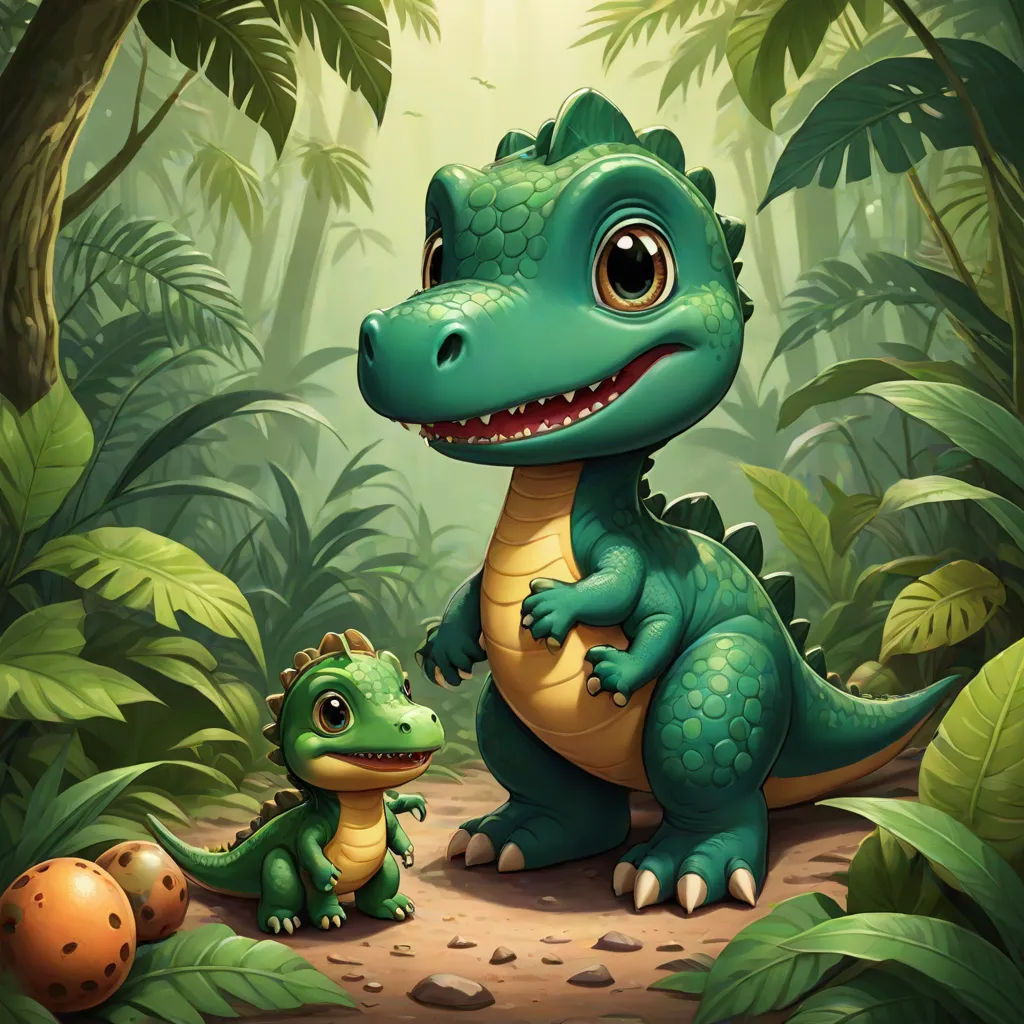 a green dinosaur and a baby dinosaur in a jungle setting with eggs in the ground and a ladybug in the foreground, sots art, a digital painting, Adam Rex, game art