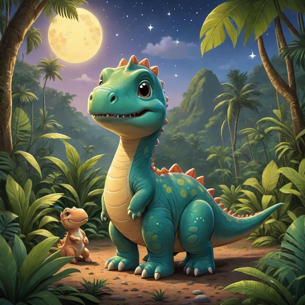 a dinosaur and a little dinosaur in the jungle at night with a full moon in the background illustration by alex krapf, lyco art, a storybook illustration, Adam Rex, storybook illustration