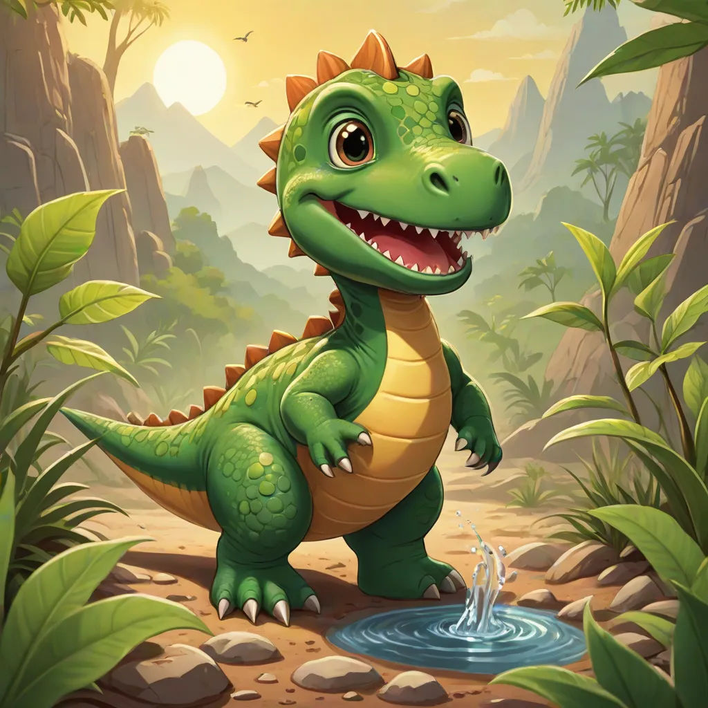 a cartoon dinosaur is standing in the jungle with a water hole in his hand and smiling at the camera, sots art, a character portrait, Adam Rex, magic the gathering artwork