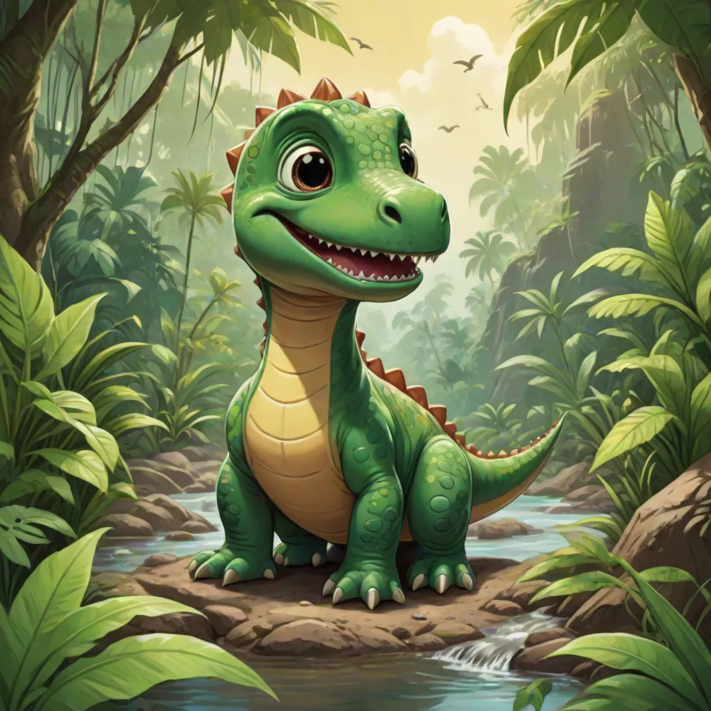 a cartoon dinosaur in the jungle with a stream of water and trees in the background illustration by alex krapf, sots art, concept art, Chris LaBrooy, official art