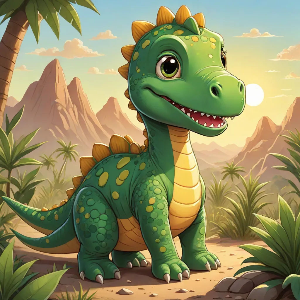 a cartoon dinosaur with a green and yellow color scheme and a mountain background with palm trees and a sun, sots art, concept art, Adam Rex, official art