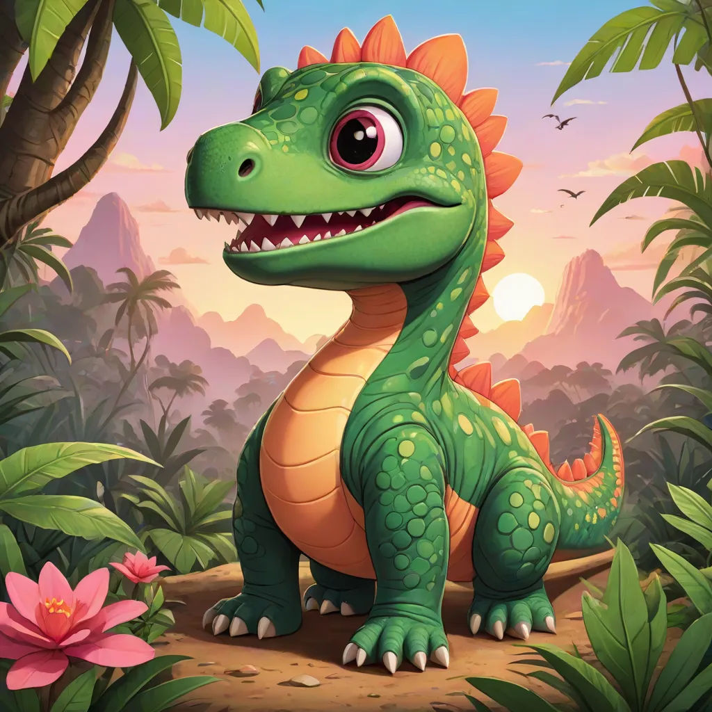 a cartoon dinosaur with a big smile in the jungle with flowers and trees in the background illustration for children, sots art, concept art, Adam Rex, official art