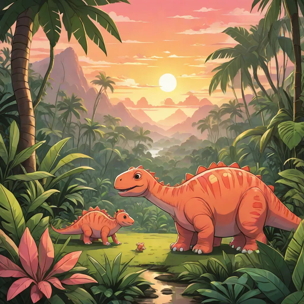 a painting of a mother dinosaur and her baby in a jungle setting with a sunset in the background and a stream running through the jungle, lyco art, a storybook illustration, Chris LaBrooy, official art